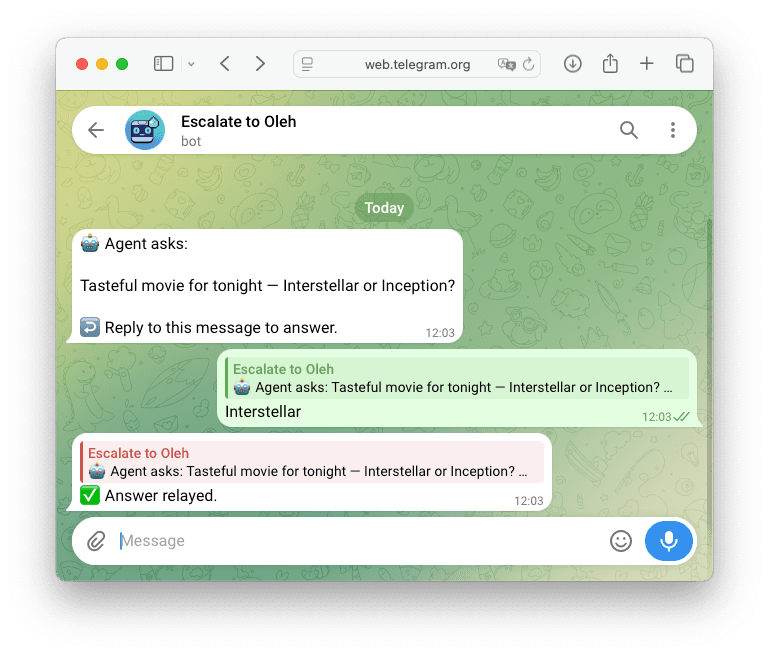 Oleh answering a question from the Telegram dashboard